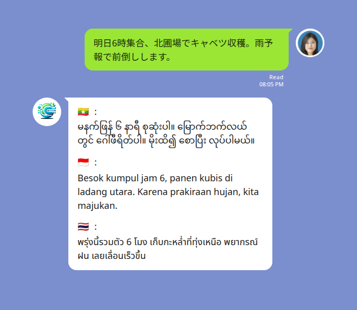 Echonoraチャット例:LINEでの日本語からミャンマー語・インドネシア語・タイ語への多言語翻訳
