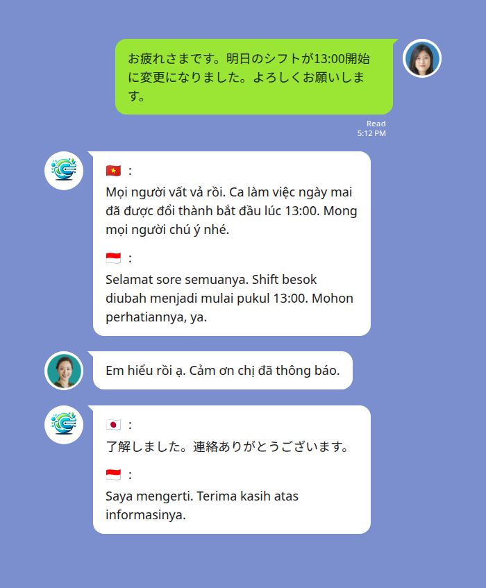 LINEグループで日本語のシフト変更通知がEchonoraによってベトナム語とインドネシア語に同時翻訳される画面の例