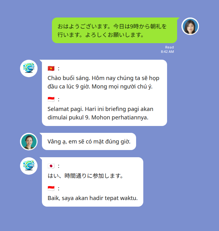 日本語のシフト連絡が🇻🇳ベトナム語と🇮🇩インドネシア語に同時翻訳される3言語グループの例