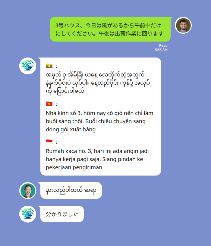 Echonoraチャット例：LINEでの日本語からミャンマー語・ベトナム語・インドネシア語への多言語翻訳