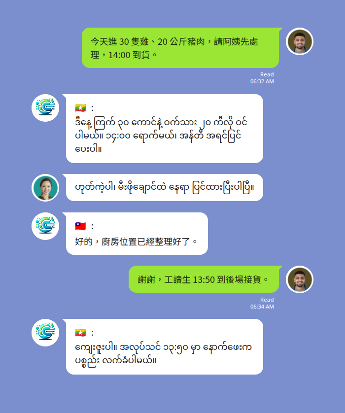 Echonora 緬甸語 LINE 翻譯機器人在中和緬甸街餐廳、家庭看護情境的群組溝通示意圖
