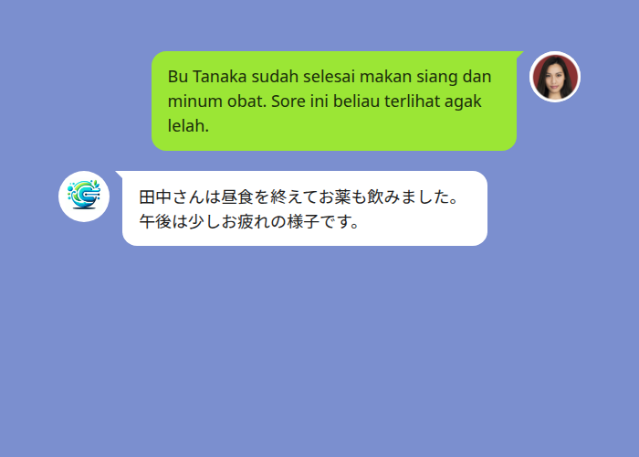 LINEグループでインドネシア語の投稿が日本語へ自動翻訳される様子