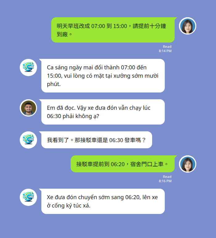 工廠 LINE 群組裡的中文排班公告自動翻譯成越南文 — 台籍組長以中文公告明天早班改成 07:00 到 15:00，機器人在同一個群組貼出越南文譯文，越南籍移工以越南文詢問接駁車時間後，訊息再被翻回中文貼在同一串對話裡