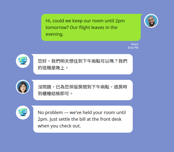 LINE 群組裡英語系旅客的延遲退房請求自動翻譯成中文 — 一位外籍旅客以英文詢問能否明天住到下午兩點因為班機在晚上,Echonora 機器人在同一個飯店櫃檯群組貼出中文譯文,值班同仁以中文回覆已保留房間到下午兩點、退房時到櫃檯結帳,機器人再把回覆翻成英文