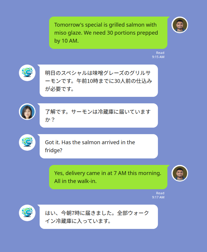 Chat mockup showing Echonora translating messages between English and Japanese in a LINE group chat for a US restaurant
