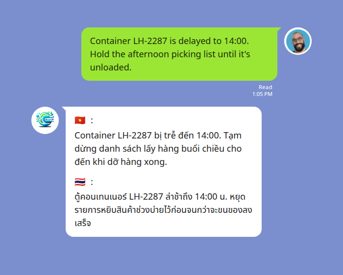 A dispatch lead posts an English hold instruction about a delayed container; Echonora translates it into Vietnamese and Thai in the same LINE group
