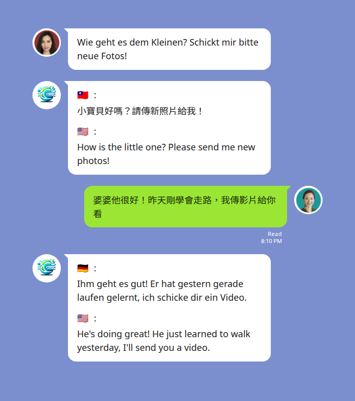 LINE 群組三語翻譯示意：德文、中文、英文同時翻譯，Echonora 多語群組功能
