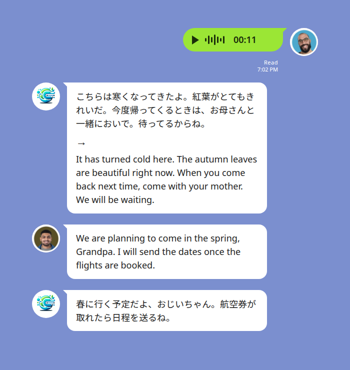 A Japanese grandfather sends an eleven-second LINE voice message to the family group and Echonora posts the transcription and translation — the Japanese transcript says it has turned cold and the autumn leaves are beautiful and asks him to visit with his mother, with the English translation below it, and the grandchild replies in English that they plan to come in spring