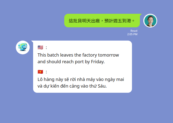 A LINE supply-chain group where a Chinese factory update is translated into English and Vietnamese at once