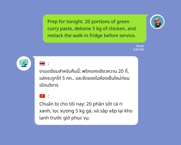 A head chef's English prep list translated into Thai and Vietnamese for a mixed kitchen, each line flagged by language