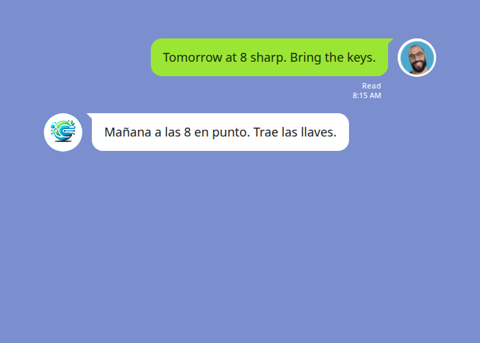 English text message translated to Spanish in a LINE group chat by Echonora