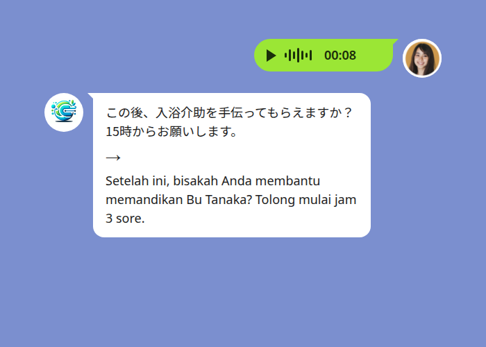 日本語の音声メッセージが文字起こしされインドネシア語へ翻訳される様子