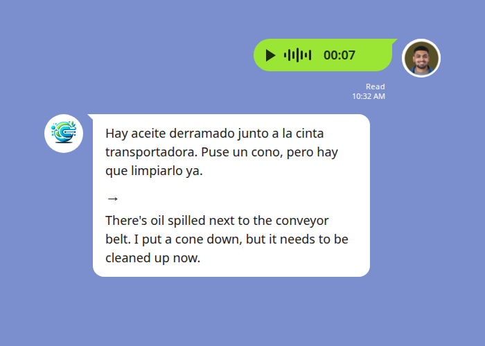Echonora transcribes and translates a Spanish voice message reporting an oil spill hazard into English in a LINE group chat