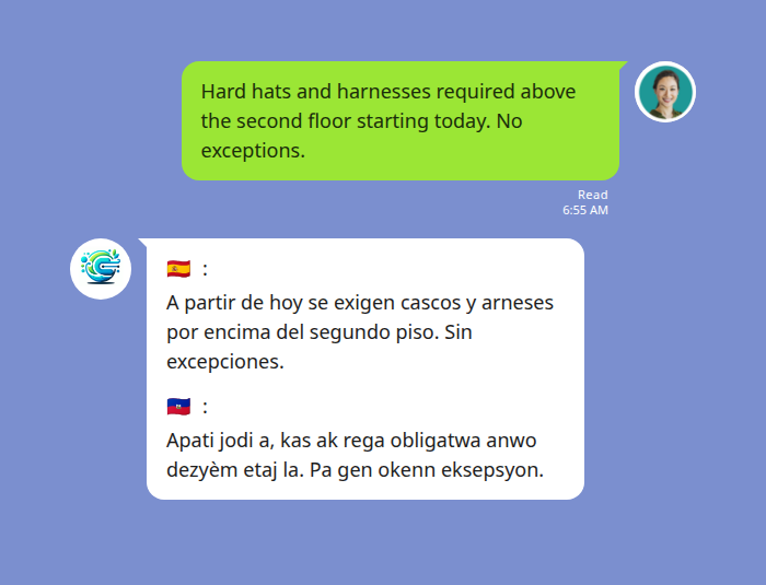 LINE site-wide construction notice in English translated into Spanish and Haitian Creole