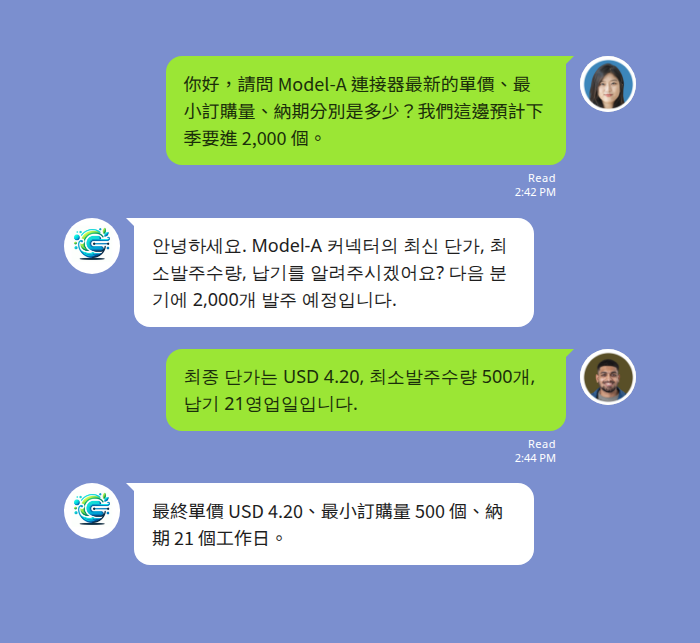 LINE 群組裡台灣採購 PM 與韓國供應商透過 Echonora 自動雙向翻譯交換報價、規格、納期資訊