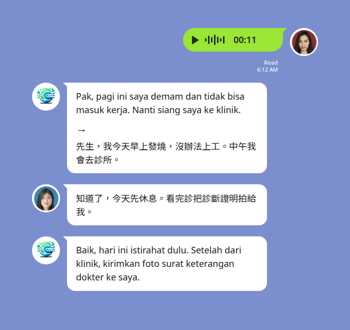 移工的印尼文語音訊息在 LINE 群組被轉成文字並翻譯成中文 — 機器人的回覆先顯示印尼文逐字稿，箭頭下方是中文翻譯，內容是清晨發燒無法上工，雇主以中文回覆處理方式後再翻成印尼文貼回同一個群組