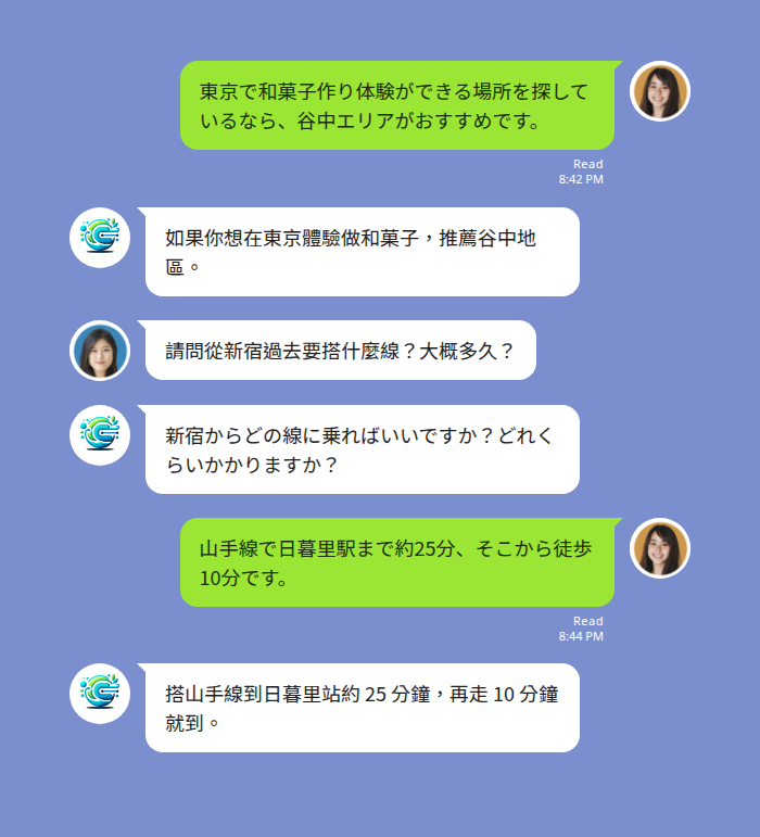 日本旅遊 LINE 群組即時日語翻譯 chat mockup demo
