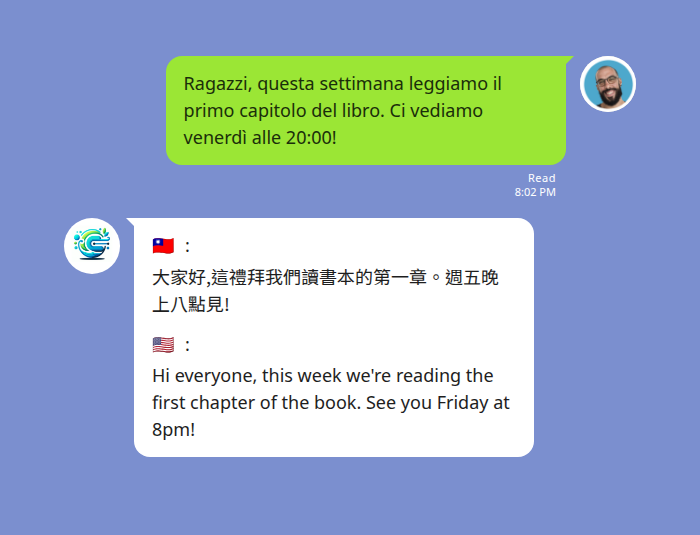 義大利語讀書會 LINE 群組，義大利領讀者用義大利文公告本週進度，Echonora 同時翻譯成中文與英文兩個語言版本