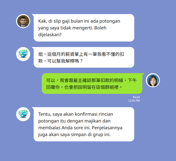 印尼移工用印尼文詢問薪資單上看不懂的扣款，Echonora 翻成中文，仲介用中文說明並承諾把解釋留在群組，譯文自動翻回印尼文