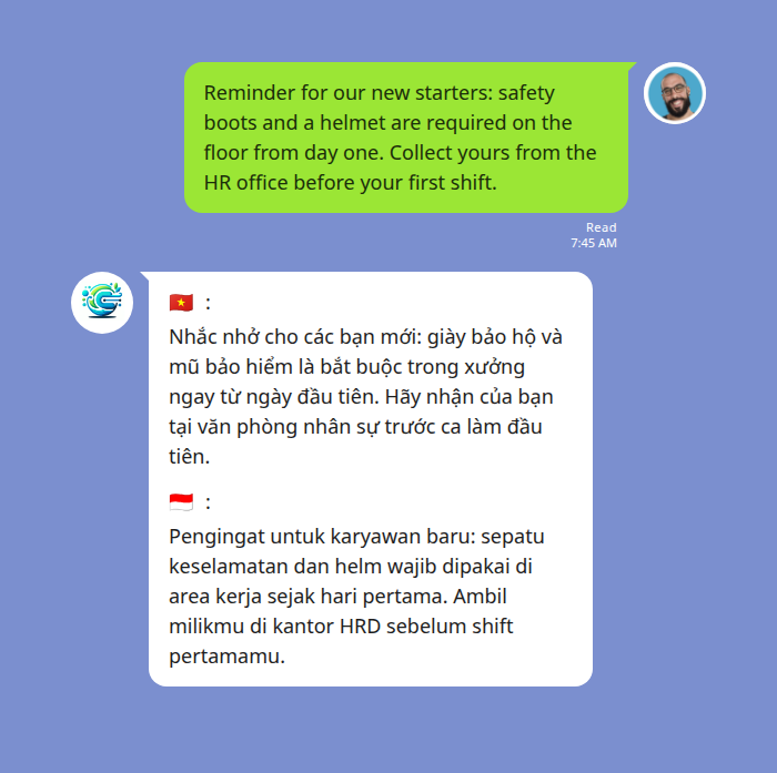 A supervisor's English safety reminder is translated into Vietnamese and Indonesian at once for new starters in a LINE group