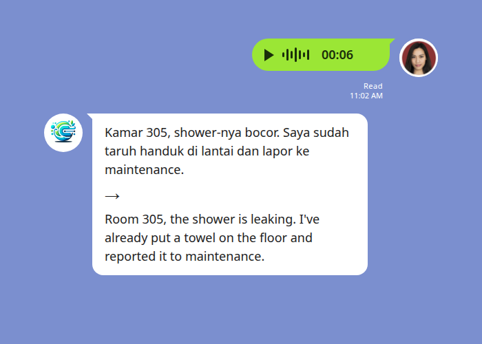 LINE chat: a room attendant's Indonesian voice note reporting a leaking shower, transcribed and translated into English by Echonora in the same thread