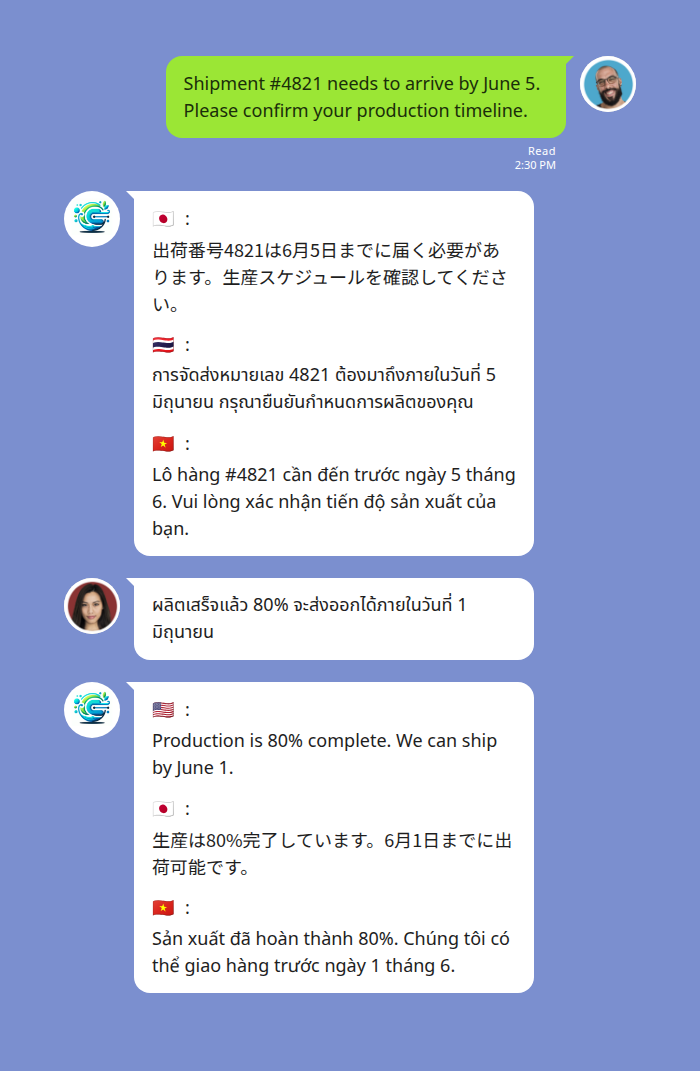 Chat example showing Echonora translating a supply chain conversation into Japanese, Thai, and Vietnamese with flag prefixes in a LINE group