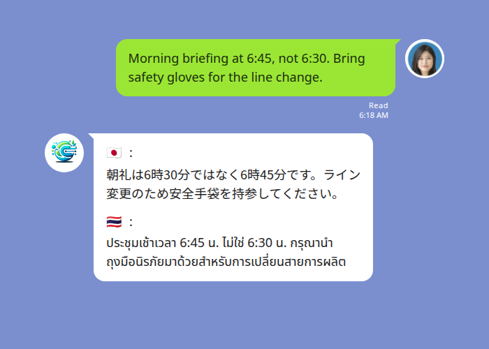 A three-language LINE group where one English shift-briefing message is translated for a Japanese and a Thai operator, each line marked with a country flag