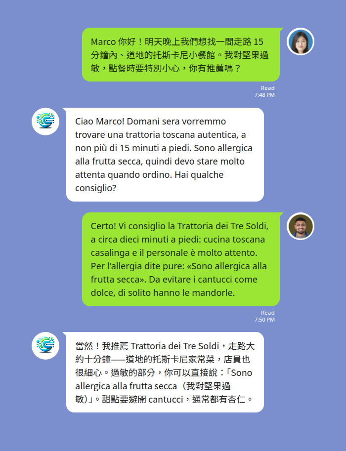 義大利自由行 LINE 義大利文翻譯：餐廳點餐與問路即時中義互譯實際畫面