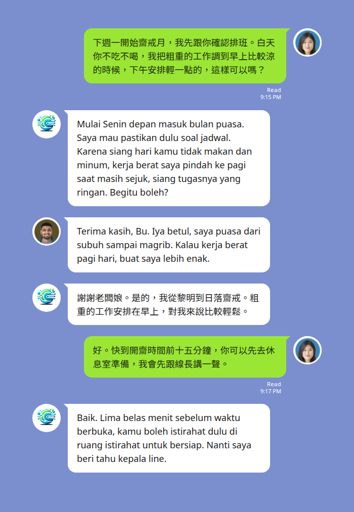 台灣雇主在 LINE 群組用繁體中文發出齋戒月排班公告，Echonora 機器人在同一個群組翻成印尼文 — 說明白天粗重工作調到早上較涼時段、下午安排輕的、開齋前十五分鐘先去休息室準備，印尼籍員工以印尼文回覆確認自己從黎明到日落齋戒後再翻回中文