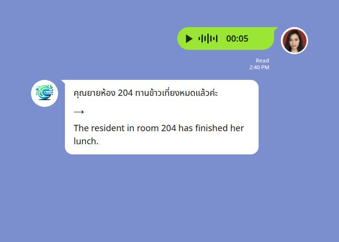 LINE voice translation in a care home: a Thai audio note transcribed and translated into English by Echonora