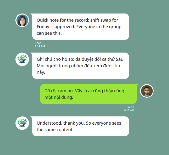 An English-speaking manager posts a shift-swap approval in a LINE group; Echonora posts the Vietnamese translation in the same thread and a Vietnamese-speaking worker confirms — everyone in the group sees the same message and the same translation.