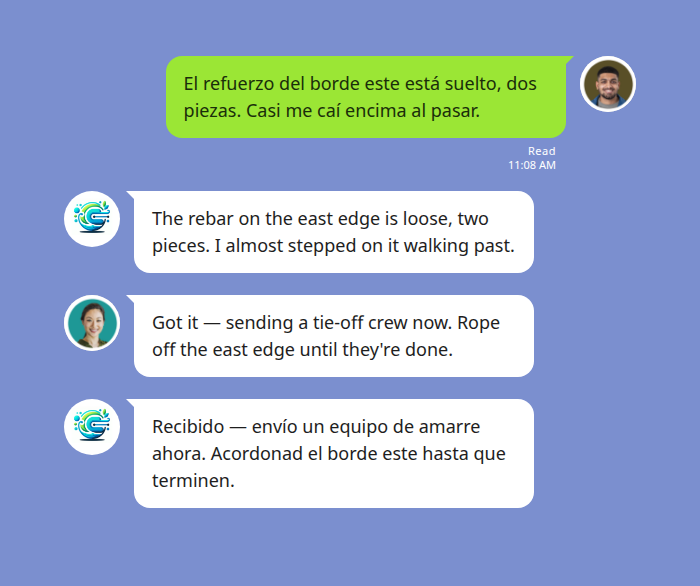 A Spanish-speaking worker reports a loose rebar near-miss in Spanish; the bot posts the English translation and the supervisor dispatches a tie-off crew, with the response translated back into Spanish.