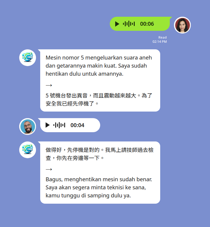 印尼籍操作員語音回報機台異常，即時轉寫並翻成中文；主管語音回覆翻成印尼文