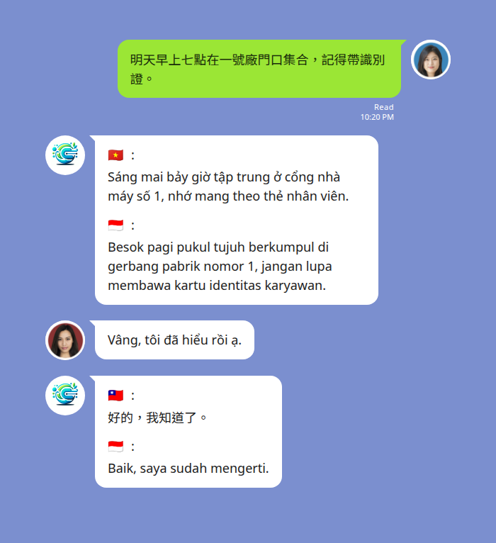 三語 LINE 工作群組設定完成後的翻譯畫面 — 台灣幹部以中文發出「明天早上七點在一號廠門口集合，記得帶識別證」，翻譯機器人在同一個群組貼出越南文與印尼文兩段譯文，越南籍員工以越南文回覆後，機器人再翻成中文與印尼文