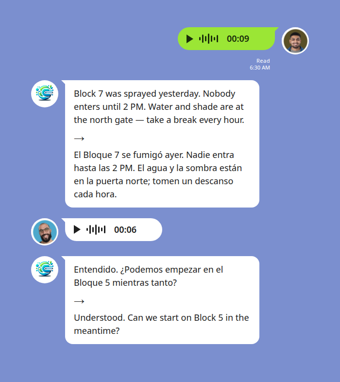 LINE group chat showing an English voice note about a sprayed block and pesticide re-entry time, translated by Echonora into Spanish, with the worker's Spanish voice reply translated back to English