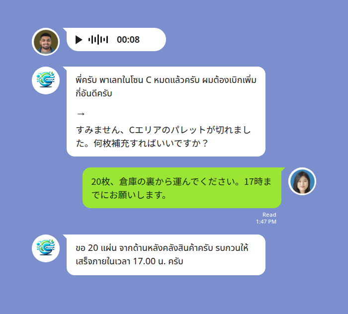 工場のLINEグループで、タイ人作業員が8秒のボイスメッセージを送信し、翻訳ボットがタイ語の書き起こし「พี่ครับ พาเลทในโซน C หมดแล้วครับ ผมต้องเบิกเพิ่มกี่อันดีครับ」と、その下に矢印を挟んで日本語訳「すみません、Cエリアのパレットが切れました。何枚補充すればいいですか?」を一つの吹き出しで表示。続いて日本人の管理者が「20枚、倉庫の裏から運んでください。17時までにお願いします。」と数量と期限を明記して返し、そのタイ語訳「ขอ 20 แผ่น จากด้านหลังคลังสินค้าครับ รบกวนให้เสร็จภายในเวลา 17.00 น. ครับ」がグループに投稿され、書き起こしと訳文が同じスレッドに並んで残っている様子