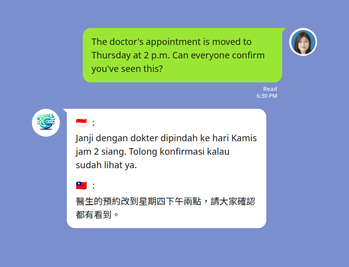 Caregiver translation app for a three-language care team: a family member announces a rescheduled doctor's appointment in English and Echonora posts Indonesian and Traditional Chinese translations for the caregiver and agency coordinator