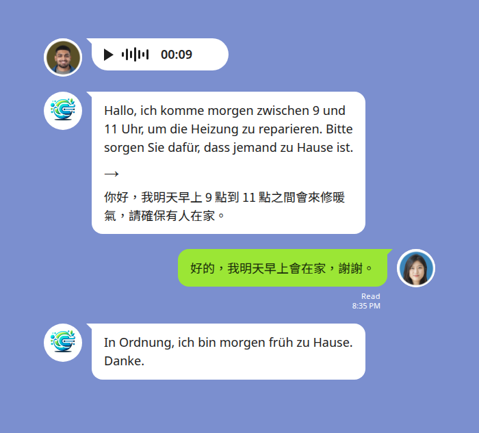 宿舍溝通:德國管理員傳德文語音通知明天來修暖氣,Echonora 自動產生德文逐字稿與中文翻譯
