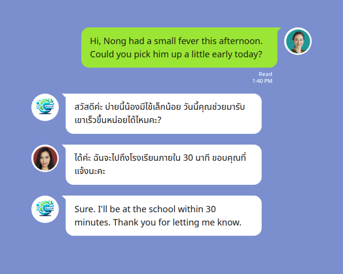 One-to-one parent-teacher LINE chat: an English message about an early pickup translated into Thai, and the Thai reply translated back to English