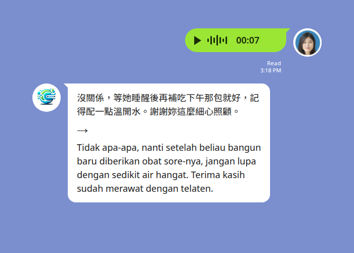 家屬用中文語音回覆用藥指示，Echonora 翻成印尼語給看護