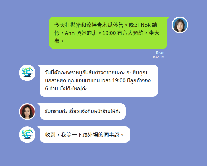 LINE 群組裡的中文開店前交代自動翻譯成泰文 — 台灣餐廳店長以中文公告今天打拋豬和涼拌青木瓜停售、晚班 Nok 請假由 Ann 頂班、19:00 有六人預約坐大桌，Echonora 機器人在同一個群組貼出泰文譯文，泰籍員工以泰文回覆「收到，等一下跟外場的同事說」，機器人再把這句翻回中文