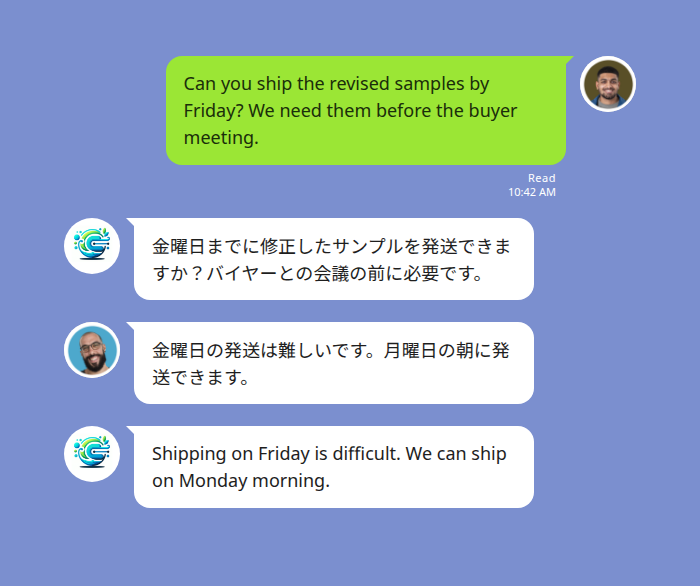 Echonora translating English and Japanese messages in a LINE group chat built on the LINE Messaging API