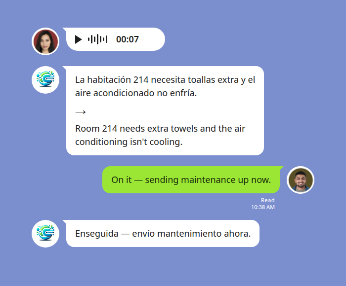 LINE group chat: a housekeeper sends a Spanish voice note about room 214 needing extra towels and a broken air conditioner; Echonora transcribes and translates it to English, and the supervisor replies that maintenance is on the way.