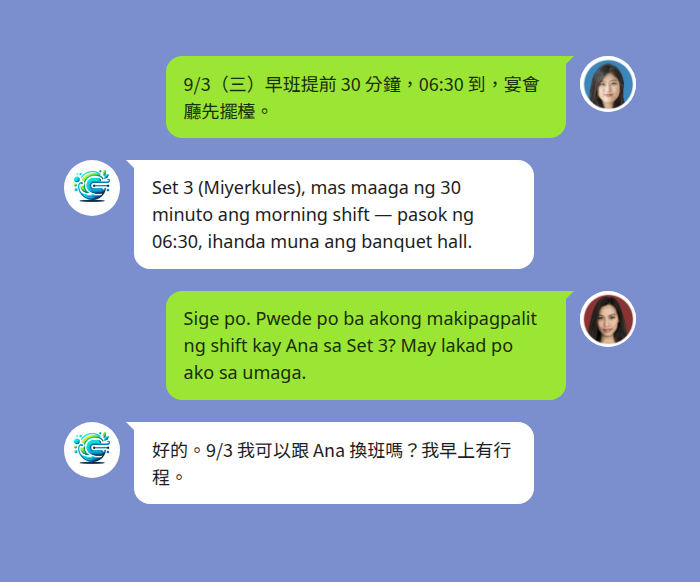飯店副理在 LINE 排班群組用中文貼出班表異動（9/3 早班提前 30 分鐘），Echonora 機器人在同一個群組翻成菲律賓語 — 菲籍員工用菲律賓語回覆詢問能否與同事換班，機器人再翻成繁體中文，主管與員工各自用自己的語言讀到同一段排班溝通