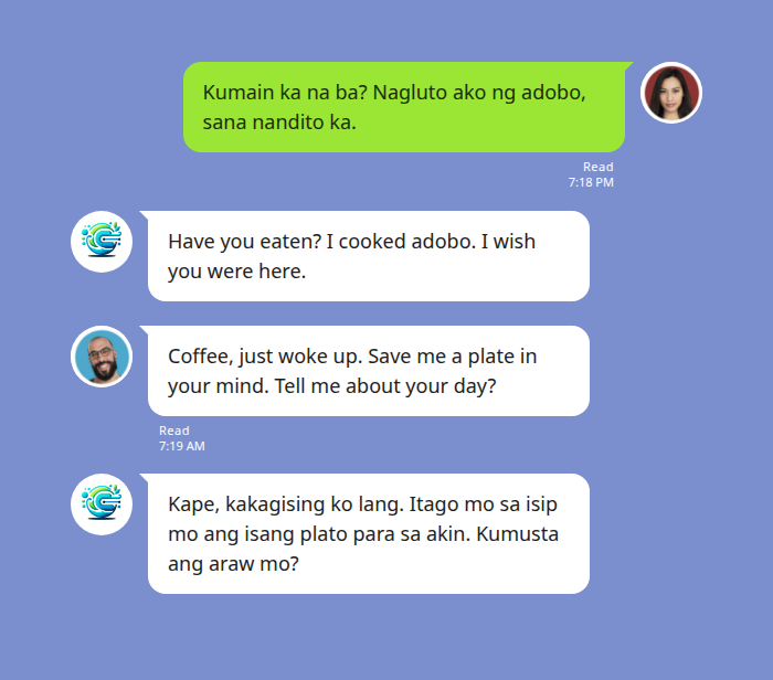 LINE chat mockup: a Tagalog-speaking partner in Manila writes about dinner; Echonora translates to English for her partner in Toronto, who replies in English over morning coffee.