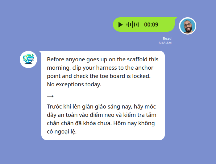 Echonora translating a voice safety briefing from English to Vietnamese in a LINE group