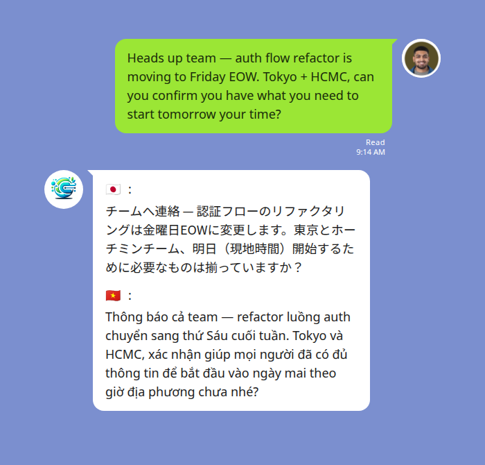 A distributed team LINE group where an HQ product manager posts in English and Echonora translates the message into Japanese and Vietnamese for remote teammates