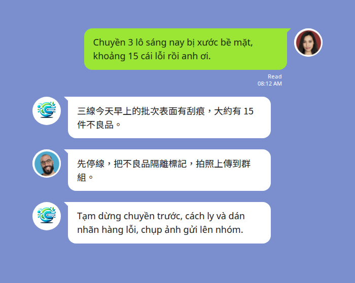 越南籍作業員用越南文在 LINE 群組回報品管不良品,翻譯機器人即時翻成中文供主管處理 QC 異常