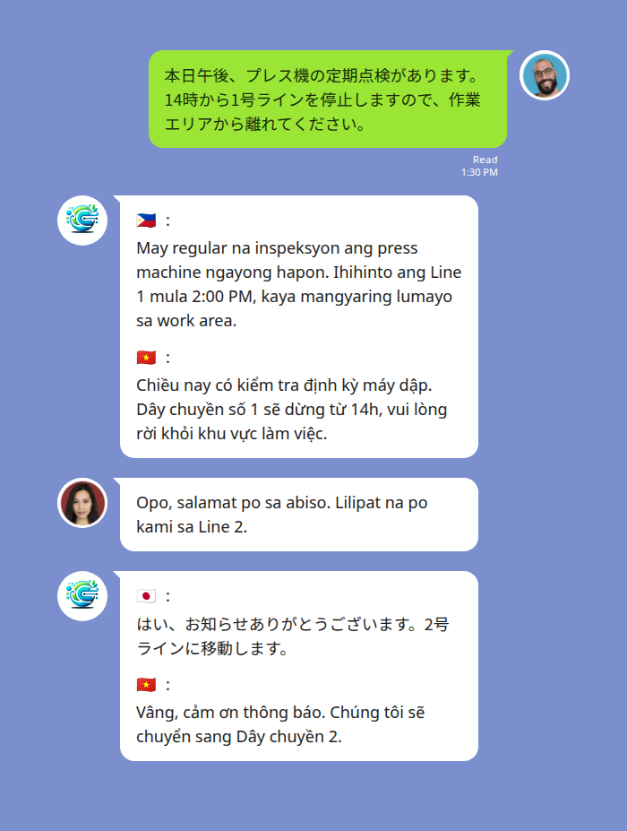 製造業でのLINEグループ3言語同時翻訳:日本語→タガログ語・ベトナム語の国旗付き翻訳画面