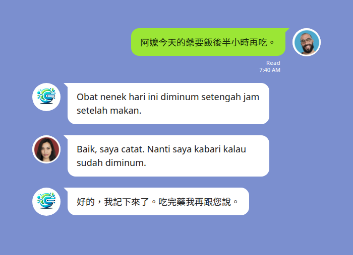 家庭看護 LINE 群組的中文與印尼文雙向翻譯 — 雇主以中文交代阿嬤今天的藥要飯後半小時再吃，機器人在同一個群組貼出印尼文譯文，印尼籍看護以印尼文回覆已記下並會在吃完藥後回報，機器人再把這句翻成中文貼回同一串對話